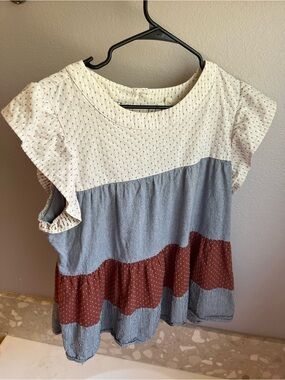 Entro 100% Cotton Textured Colorblock Flutter Sleeve Top Size Large